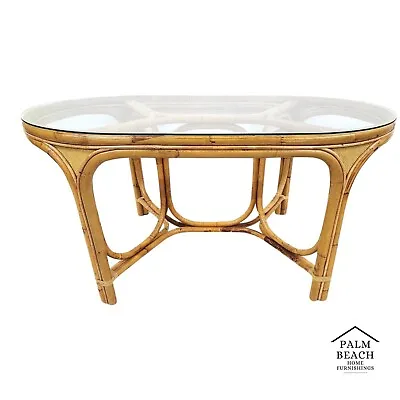 Vintage 1970s Bamboo Rattan Glass Oval Dining Table • $1795