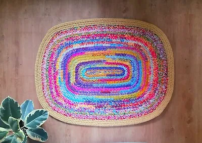 Crochet Oval Rag Rug Wool & Jute 100cm Multicolour Pink Yellow Blue  Handmade 🥰 • £27