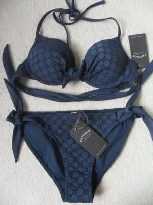 Fat Face Navy Broderie Wired Padded Halterneck Plunge Hipster Bikini Sizes 6-18 • £32.99