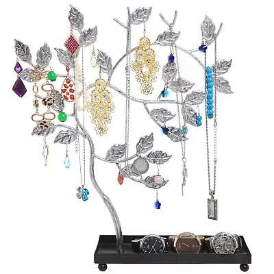 MyGift Silver Metal Jewelry Necklace Tree Hanger Display Rack With Ring Tray • $26.99