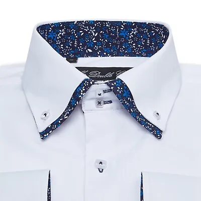 Mens Button Down Cool White Floral Double Collar Long-sleeved Shirt • £34.99