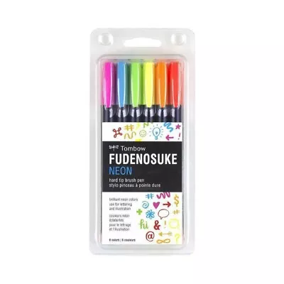 Tombow Fudenosuke Hard Tip Brush Pen Set Of 6 Neon Colours • $42