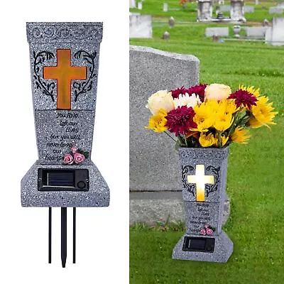 Memorial Solar Vase Stake Cross Lighted Yard Lawn Grave Cemetery Marker Ornament • $42.37