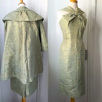 Vintage 1950s 1960s Incredible Metallic Duckegg Bow Dress And Swing Coat Set 12 • £38