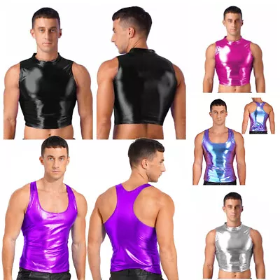 US Men's Faux Leather Sleeveless Crop Tank Top Metallic Shiny Vest Party T-Shirt • $8.39