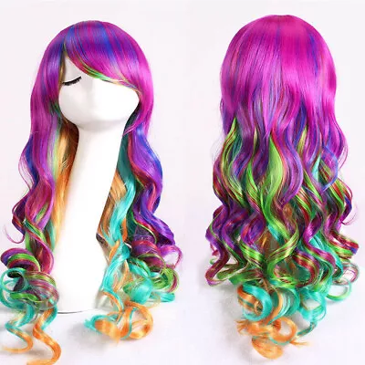 Women Rainbow Wigs Lady Long Curly Hair Colorful Full Wavy 80cm Cosplay Costume • £8.29