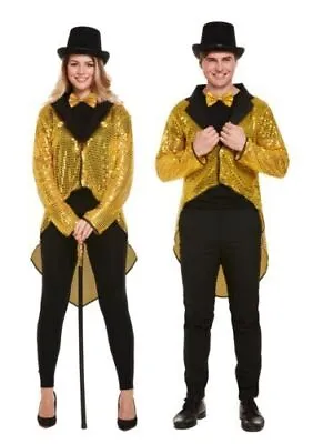 Unisex Adult Glitter Gold Sequin Tailcoat Circus Ringmaster Fancy Dress Costume • $13.39