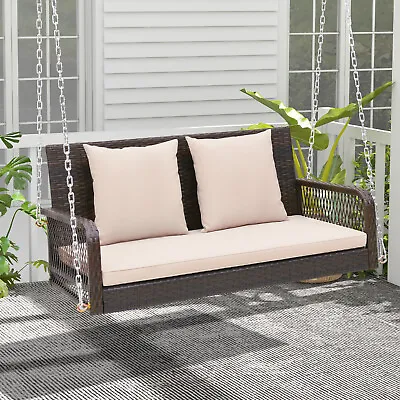 Patio Wicker Porch Swing 2-Person Hanging Loveseat Bench Chair W/ Cushions • $129.99