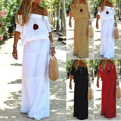 Womens Off Shoulder Bardot Maxi Dress Summer Holiday Beach Tunic Long Sundress • £16.49