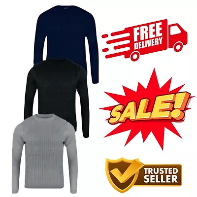 Mens Cable Sweatshirt Knitwear Sweater Jumper Crew Neck Long Sleeve Tops ✅✅ • £7.99