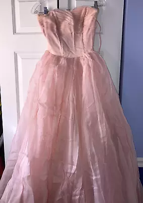 Vtg 1950 1960 Party Prom Dance Dress Pink Crinoline Strapless Pleated Bodice Sm • $34.99