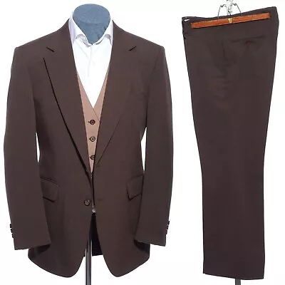 42R Vintage 70s Brown Polyester Three-Piece Suit 35x30 Trousers Reversible Vest • $248