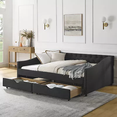 Full Size Daybed Linen Upholstered Tufted Sofa Bed Frame With Drawers W/ Button • $441.99