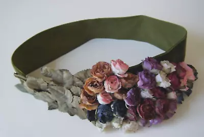 Old Vtg Millinery Velvet Hat Band With 36 Roses W Foliage Spray Remnants Piece • $25.99