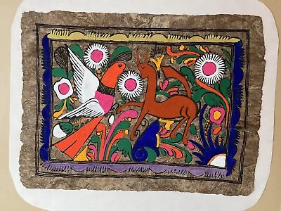 Vintage Mexican Folk Art Hand Painted Amate Bark Cloth Painting Birds Flowers • $37.16