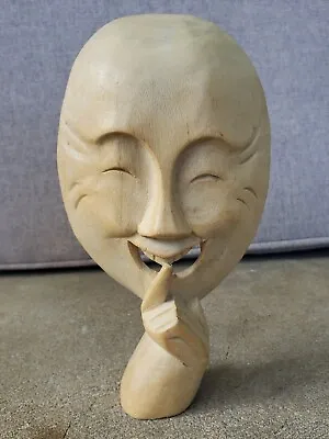 Whimsical Asian Face Wood Hand-carved Carving Sculpture Mid-century Modern Art • $34.99