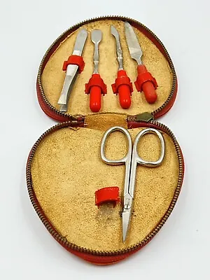 Vintage Manicure Set Red Heart Shape Leather Case Tools Made In Germany  • $7.99