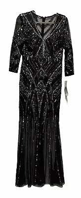 $550 Aidan Mattox Women's Blue Beaded Long Sleeve V Neck Gown Dress Size US 10 • $150