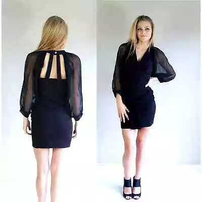 Vintage 80s Black CUT OUT Bandage DRESS Small Cage 80s Lbd Bodycon Sheer Sleeves • $48