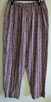 Ethnic Print Pants Elastic Waist Size M Pockets Purple Beige Tribal Unbranded • $25