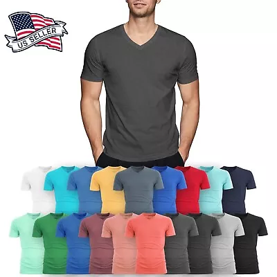 Mens V Neck T Shirt Short Sleeve Slim Fit Casual Plain Tee Top Soft Cotton • $7.99