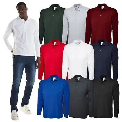 Uneek Plain Long Sleeve Polo Shirt Collared Unisex Classic Work Wear Top UC113 • £12.99