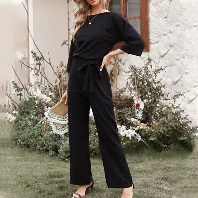 Casual Fashion Wide Leg Belted Romper Women Jumpsuit 3/4 Sleeve Soft Daily Adult • $36.46