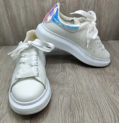 Alexander McQueen Shoes 6.5 Women's 37 EU Iridescent White Sneakers Oversized • $249