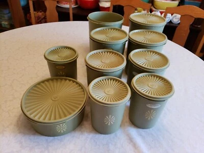 $14.99 • Buy 10 Vtg Tupperware Avocado Green Starburst Servalier Canisters With 9 Lids Seals