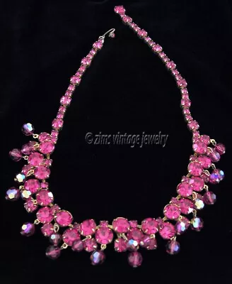 Vintage D&E JULIANA Fuchsia PINK Rhinestone Ab Crystal Cluster CHOKER Necklace • $32