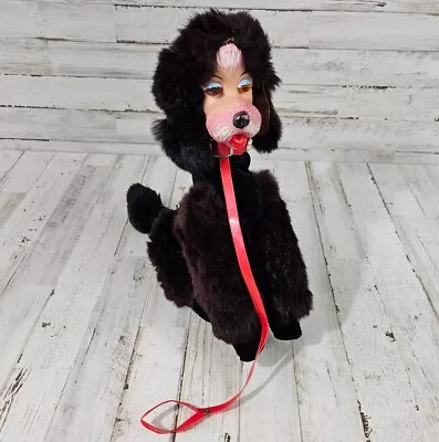 Vintage 12  Painted Rubber Faced Brown Poodle Dog Plush Stuffed Animal On Leash • $19.99