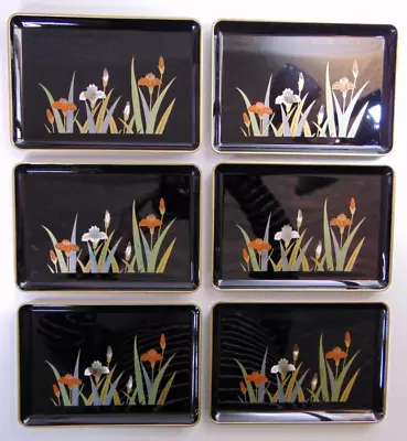 Vtg Otagiri Japan Set Of 6 Black Lacquerware Serving Trays Iris Flowers 8  X 6  • $19.99