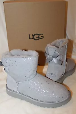 Nib Ugg Women's Bailey Bow Mini Suede Shearling Metallic Boots Silver 7 • $114.95