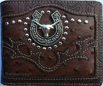 Longhorn Flag Cowboy Men Wallet Western Bifold Check Book Style (4 Types) • $12.99