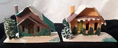 Vtg Cardboard Christmas Putz Mica Glitter Houses Evergreen Village Japan • $29.99