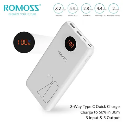 $34.99 • Buy ROMOSS 20000mAh Typec Power Bank 18W PD QC3.0 Fast Charge Portable Phone Charger