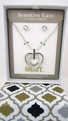 MIXIT Cubic Zirconia Silver Tone Studs & Heart Pendant Earrings Necklace Set 19  • $11.99