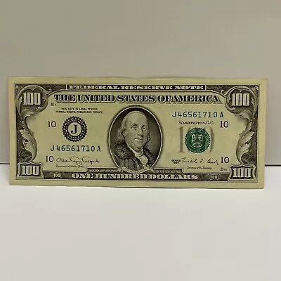 Series 1990 US One Hundred Dollar Bill $100 ~ Kansas City ~ J 46561710 A • $134.66