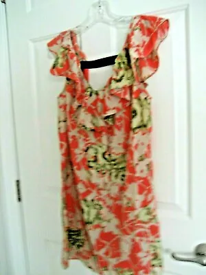 MI AMI NWT M Coral Tropical Floral RUFFLE NECK Sun DRESS Chiffon Loose SHIFT 1 • $23.95