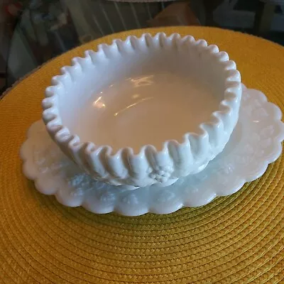 Westmoreland Milkglass Bowl With Ruffled Rim And Grapes And Matching Oval Tray  • $37.50