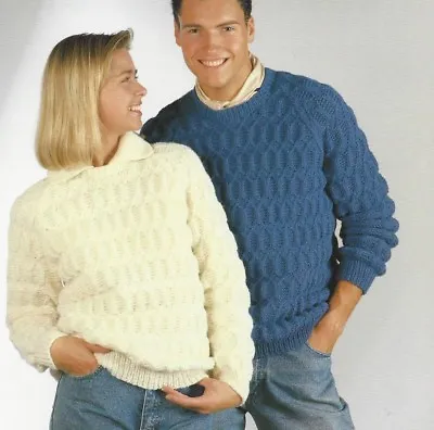  Ladies And Mens Aran Sweater Knitting Pattern Raglan Sleeves 32-42  1119 • £2.09