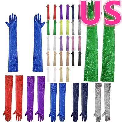 US Women's Glitter Gloves Long Opera Stretchy Elbow Length Mesh Mittens Gloves • $13.13