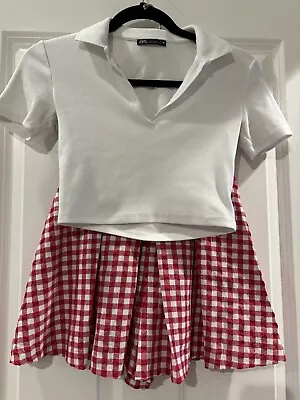 Zara Skirt Skort Cropped Top Outfit XS Red Gingham EUC • $12