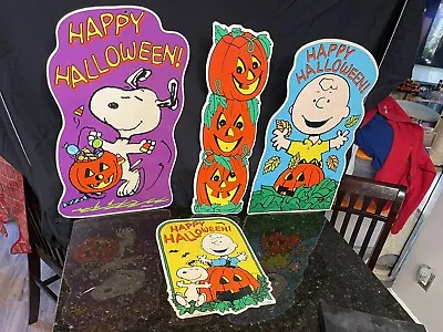 4 Vintage Peanuts Halloween Yard Art  Snoopy Impact Plastics Jack O Lantern • $69