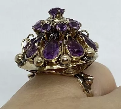 1940’s Retro 10 K Gold Amethyst Princess Harem Cocktail Statement Ring Sz 5.75 • $199