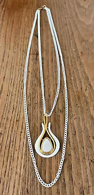 Vintage Gold Tone White Enamel Modernist Teardrop Pendant Necklace Jewelry 18  • $16