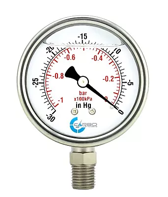 2.5  LIQUID FILLED VACUUM PRESSURE GAUGE -30Hg/0 -1Bar S.S CASE BRASS LOWER  • $11.95