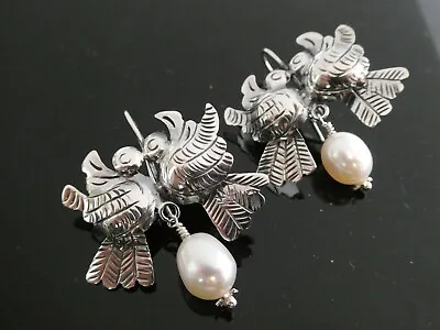 Love Bird Taxco Mexico Sterling Silver 925 & Pearl Frida Kahlo Style Earrings • $55