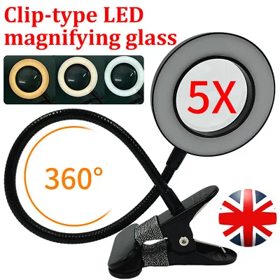 5X Magnifier Glass LED Desk Lamp Clip-on Beauty Magnifying Lamp Reading Lamp UK • £13.99