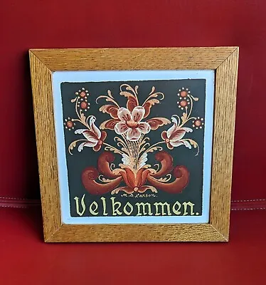 Wood Frame Norwegian Art Flower Bergquist Tile Trivet MD Larson RED Velkommen • $25